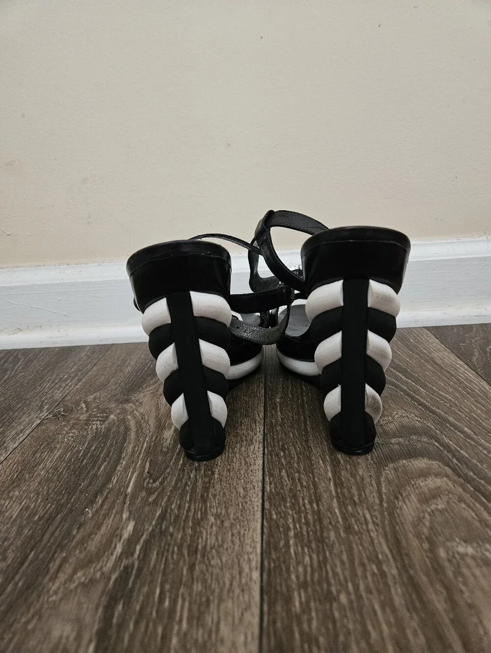 Stuart Weitzman Black And White Wedge Ankle-Strap Sandals, Size 8.5